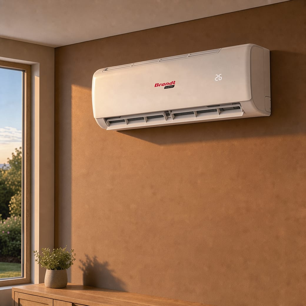 Unité intérieure de climatisation réversible Brandt Energy au-dessus d’une fenêtre.
