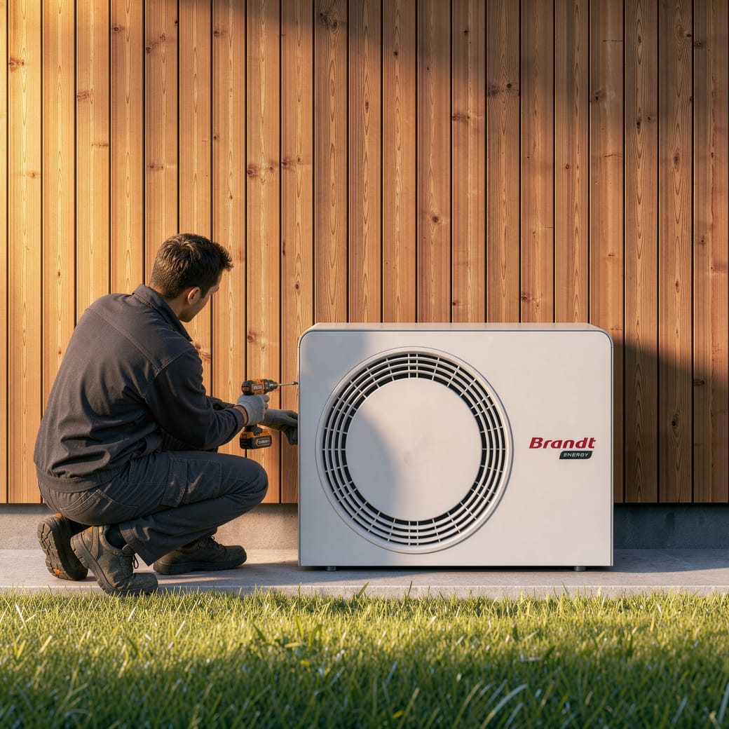 Installateur partenaire mettant en service une pompe à chaleur Brandt Energy