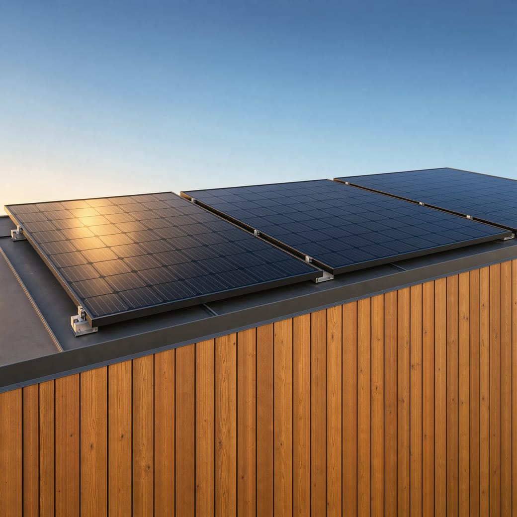 Panneaux solaires sur le toit d’une maison à bardage bois.